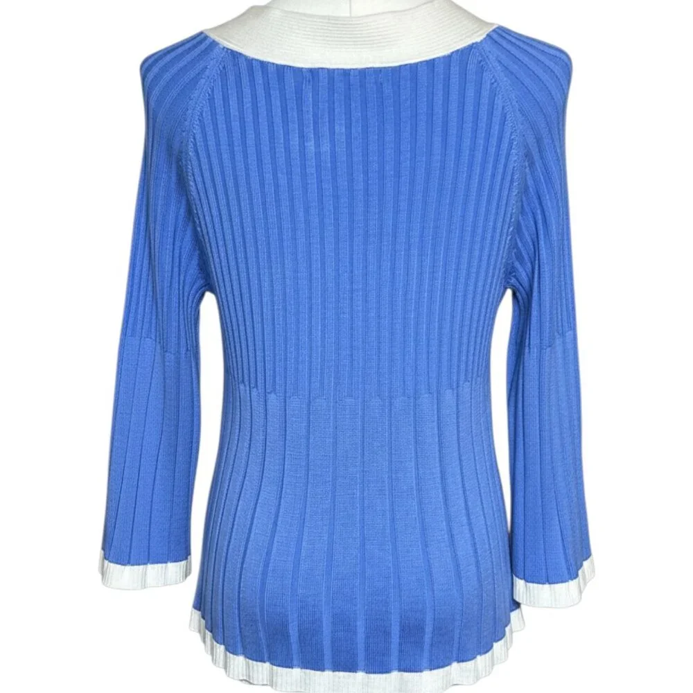 Covington Ribbed Button Sweater Blue White Contrast Trim M